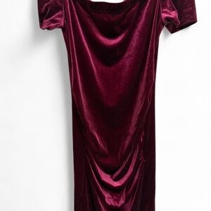 Red Ruched Midi Maternity  Dress